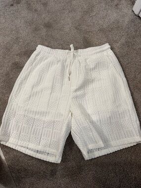 Textured Knit Drawstring Shorts in White by shein